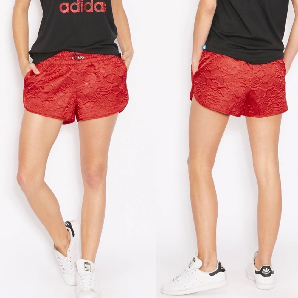 NWOT Adidas Orginals Satin Quilted Red Rose Trefoil Logo Shorts, Sz Small, Rare - Picture 12 of 14